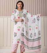 white floral print cotton show button on yoke plus size kurta set with pant & dupatta