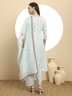  blue linen cotton a-line kurta dupatta set 3