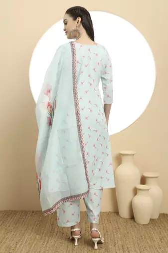  blue linen cotton a-line kurta dupatta set
