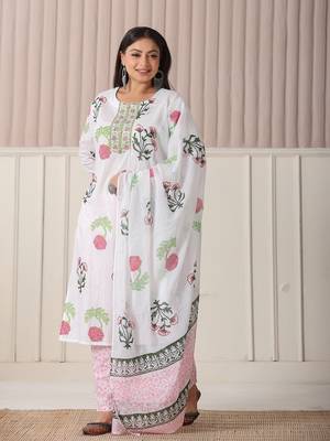 white floral print cotton show button on yoke plus size kurta set with pant & dupatta 2