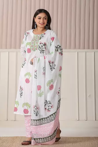 white floral print cotton show button on yoke plus size kurta set with pant & dupatta
