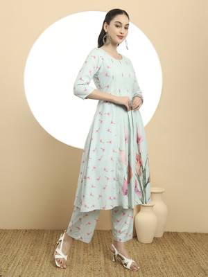  blue linen cotton a-line kurta dupatta set 5