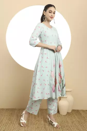  blue linen cotton a-line kurta dupatta set