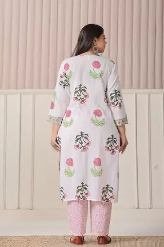 white floral print cotton show button on yoke plus size kurta set with pant & dupatta