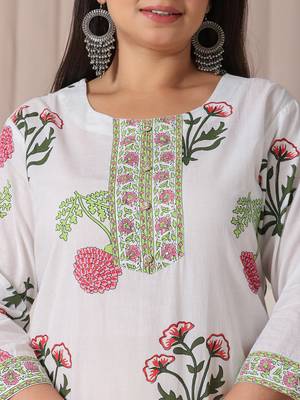 white floral print cotton show button on yoke plus size kurta set with pant & dupatta 4