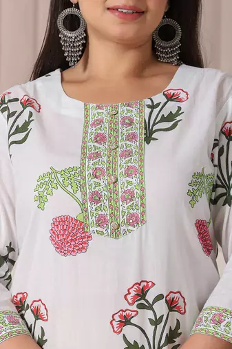 white floral print cotton show button on yoke plus size kurta set with pant & dupatta
