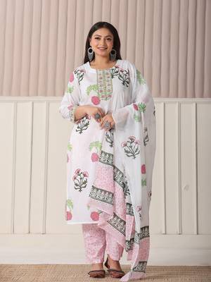 white floral print cotton show button on yoke plus size kurta set with pant & dupatta 5