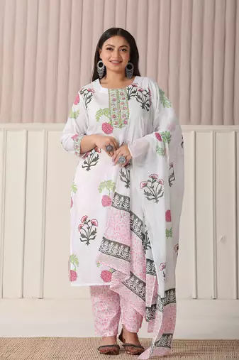 white floral print cotton show button on yoke plus size kurta set with pant & dupatta