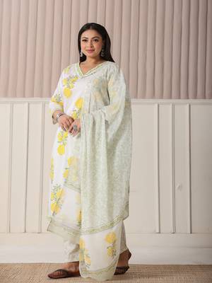 white and yellow cotton sequins work plus size kurta set with pant & dupatta 1