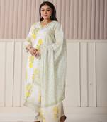 white and yellow cotton sequins work plus size kurta set with pant & dupatta