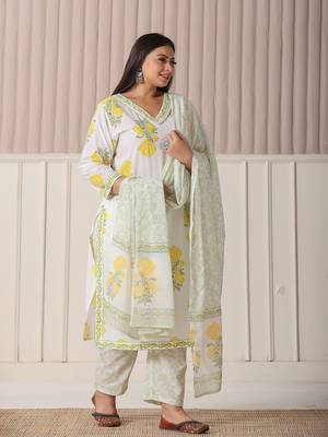 white and yellow cotton sequins work plus size kurta set with pant & dupatta 2