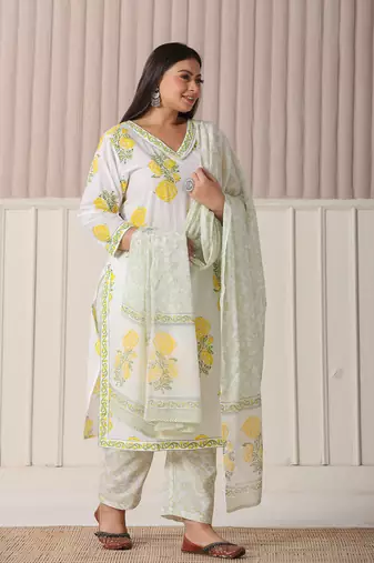 white and yellow cotton sequins work plus size kurta set with pant & dupatta