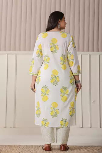 white and yellow cotton sequins work plus size kurta set with pant & dupatta