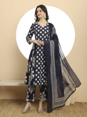  navy blue floral print a-line kurta trouser dupatta set 1