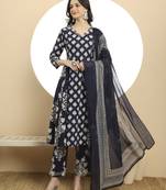  navy blue floral print a-line kurta trouser dupatta set