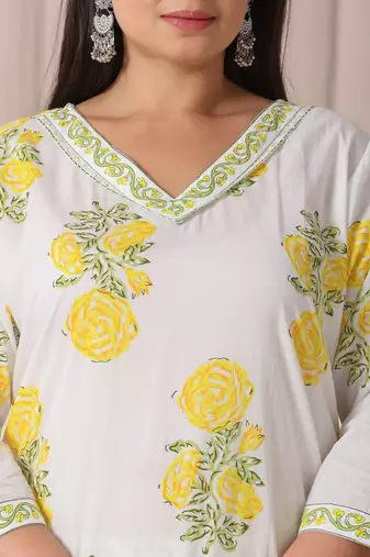 white and yellow cotton sequins work plus size kurta set with pant & dupatta