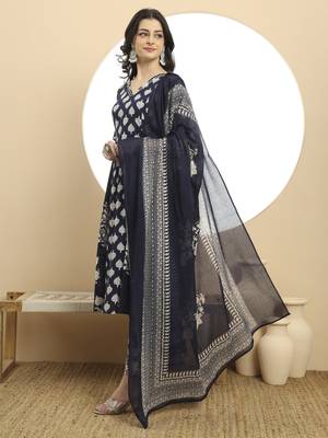  navy blue floral print a-line kurta trouser dupatta set 2