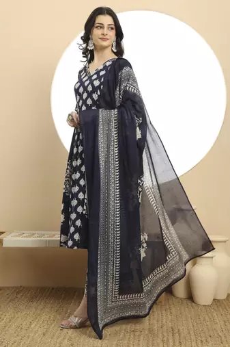  navy blue floral print a-line kurta trouser dupatta set