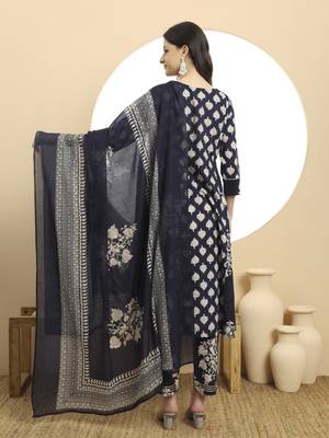  navy blue floral print a-line kurta trouser dupatta set 3