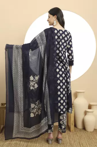  navy blue floral print a-line kurta trouser dupatta set