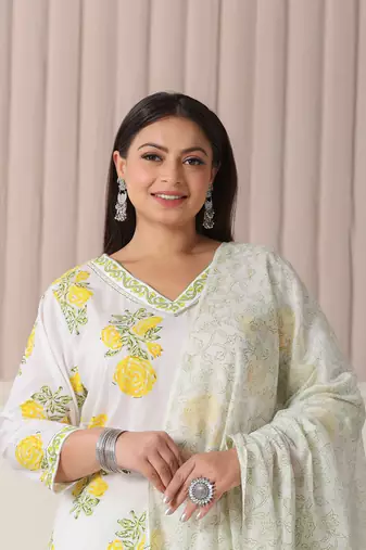 white and yellow cotton sequins work plus size kurta set with pant & dupatta