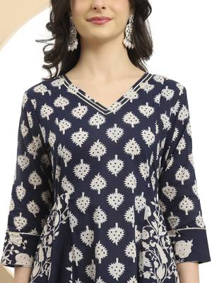  navy blue floral print a-line kurta trouser dupatta set 4