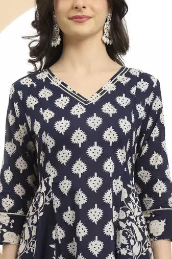  navy blue floral print a-line kurta trouser dupatta set