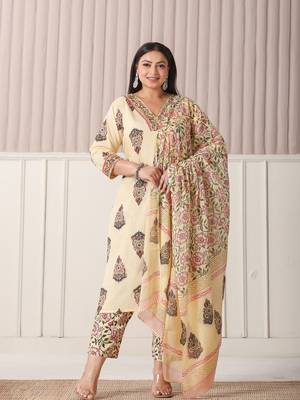 cream cotton cutdana work plus size kurta set with pant & dupatta 1