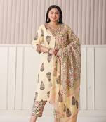 cream cotton cutdana work plus size kurta set with pant & dupatta
