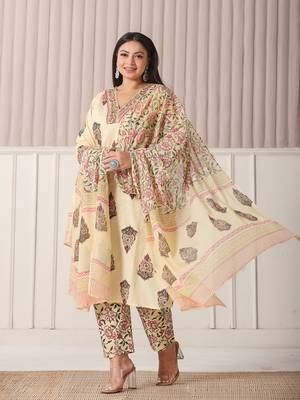 cream cotton cutdana work plus size kurta set with pant & dupatta 2