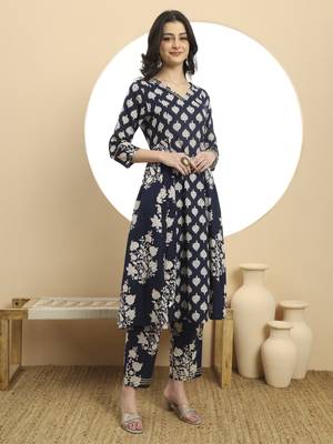  navy blue floral print a-line kurta trouser dupatta set 5