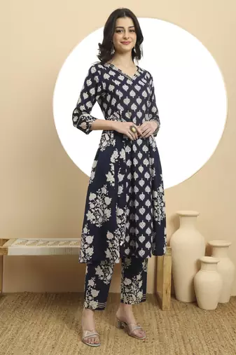  navy blue floral print a-line kurta trouser dupatta set