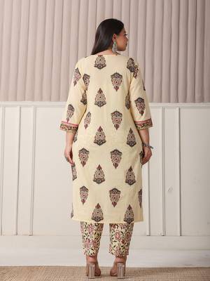 cream cotton cutdana work plus size kurta set with pant & dupatta 3