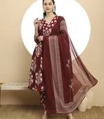  maroon floral print a-line kurta trouser dupatta set