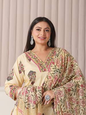 cream cotton cutdana work plus size kurta set with pant & dupatta 5