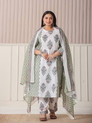 green and white hand embroidery cotton plus size kurta dupatta set 1