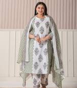 green and white hand embroidery cotton plus size kurta dupatta set