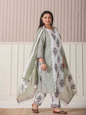 green and white hand embroidery cotton plus size kurta dupatta set 2