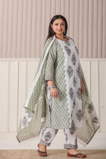 green and white hand embroidery cotton plus size kurta dupatta set