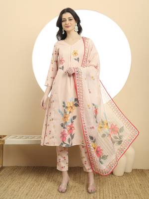  linen cotton peach a line kurta dupatta pant set 1
