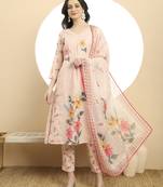  linen cotton peach a line kurta dupatta pant set