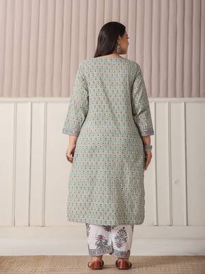 green and white hand embroidery cotton plus size kurta dupatta set 3