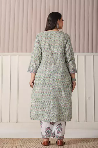 green and white hand embroidery cotton plus size kurta dupatta set