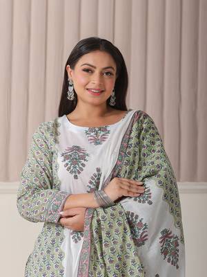 green and white hand embroidery cotton plus size kurta dupatta set 4