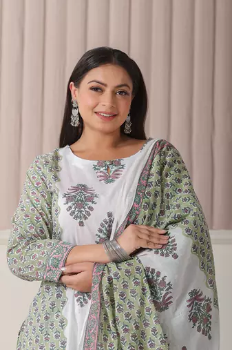 green and white hand embroidery cotton plus size kurta dupatta set