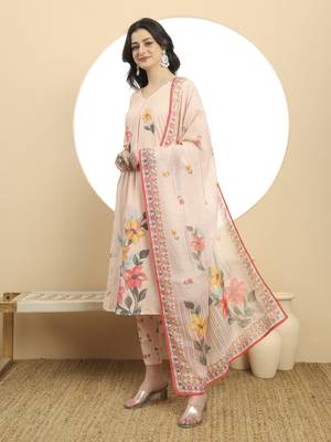 linen cotton peach a line kurta dupatta pant set 2