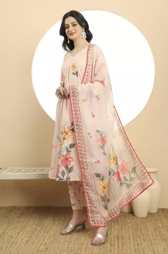  linen cotton peach a line kurta dupatta pant set