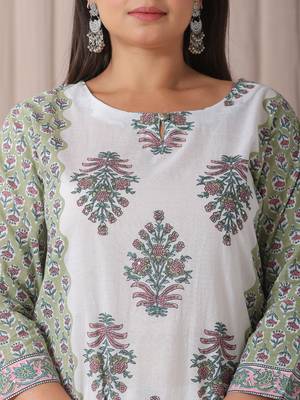 green and white hand embroidery cotton plus size kurta dupatta set 5