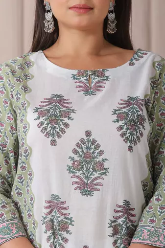 green and white hand embroidery cotton plus size kurta dupatta set