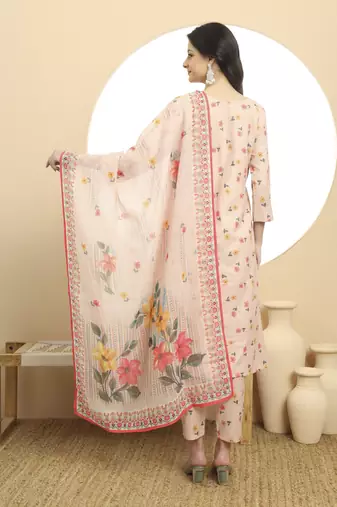  linen cotton peach a line kurta dupatta pant set